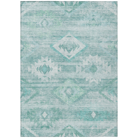 8' X 10' Aqua Turquoise And Ivory Southwestern Washable Indoor Outdoor Area Rug