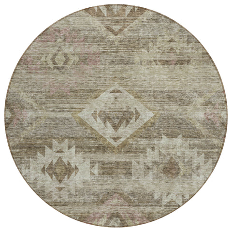 8' Brown Beige And Tan Round Southwestern Washable Indoor Outdoor Area Rug