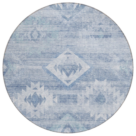 8' Denim Blue And Sky Blue Round Southwestern Washable Indoor Outdoor Area Rug