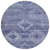 8' Navy Blue And Denim Blue Round Southwestern Washable Indoor Outdoor Area Rug
