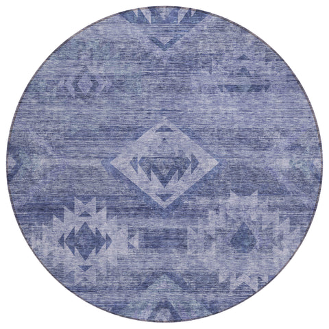 8' Navy Blue And Denim Blue Round Southwestern Washable Indoor Outdoor Area Rug