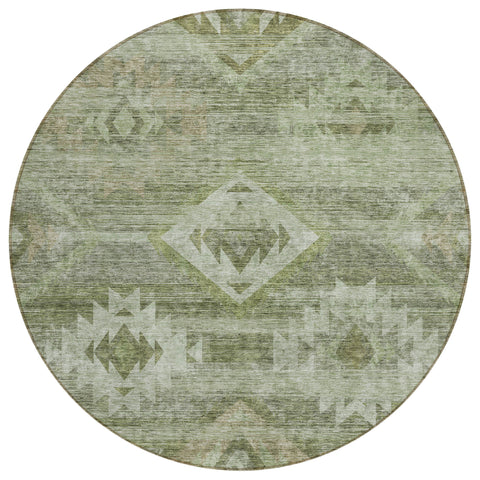 8' Olive Green And Fern Green Round Southwestern Washable Indoor Outdoor Area Rug