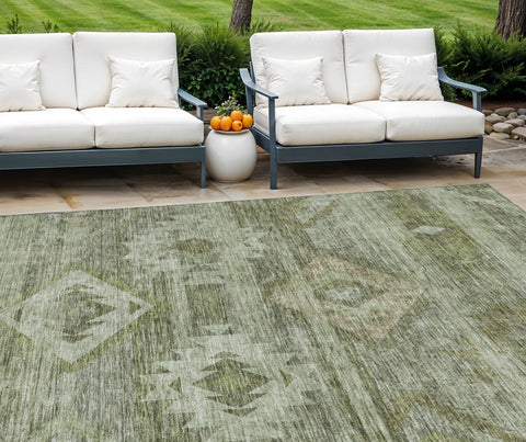8' X 10' Olive Green And Fern Green Southwestern Washable Indoor Outdoor Area Rug