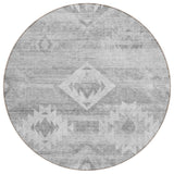 8' Silver Gray And Charcoal Round Southwestern Washable Indoor Outdoor Area Rug