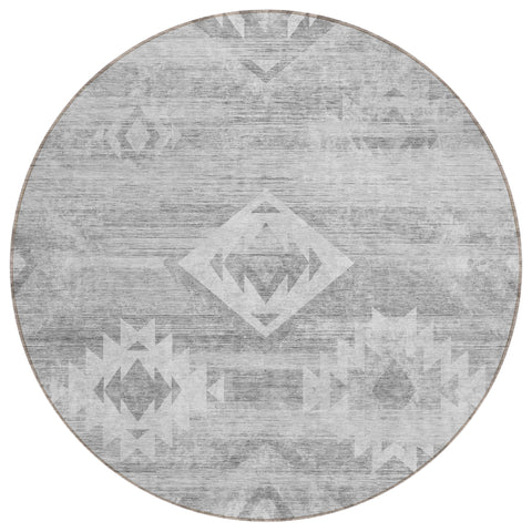 8' Silver Gray And Charcoal Round Southwestern Washable Indoor Outdoor Area Rug
