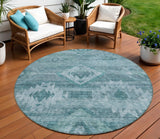 8' Teal Blue And Aqua Round Southwestern Washable Indoor Outdoor Area Rug