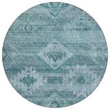 8' Teal Blue And Aqua Round Southwestern Washable Indoor Outdoor Area Rug