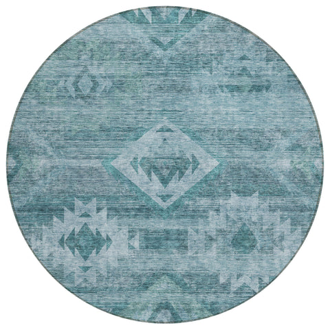 8' Teal Blue And Aqua Round Southwestern Washable Indoor Outdoor Area Rug
