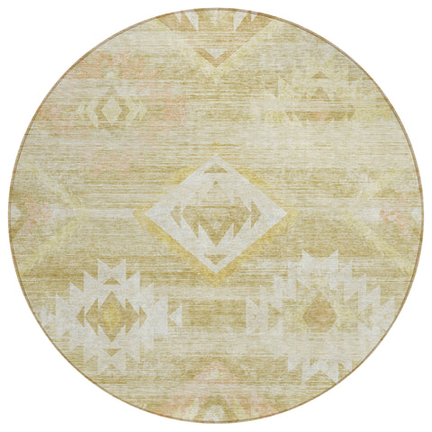 8' Wheat Gold And Beige Round Southwestern Washable Indoor Outdoor Area Rug