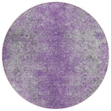 8' Plum Purple And Silver Round Oriental Washable Indoor Outdoor Area Rug