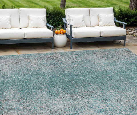 8' X 10' Teal Blue Gray And Charcoal Oriental Washable Indoor Outdoor Area Rug