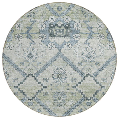 8' Artichoke Green Denim Blue And Silver Round Floral Washable Indoor Outdoor Area Rug