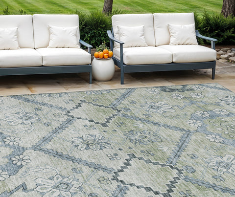 8' X 10' Artichoke Green Denim Blue And Silver Floral Washable Indoor Outdoor Area Rug