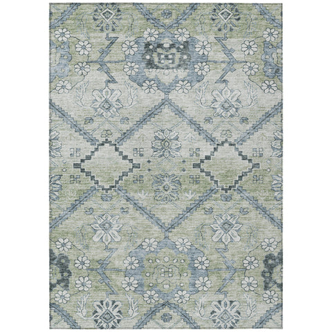 8' X 10' Artichoke Green Denim Blue And Silver Floral Washable Indoor Outdoor Area Rug