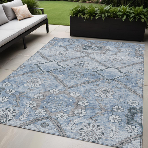5' X 8' Sky Blue And Denim Blue Floral Washable Indoor Outdoor Area Rug