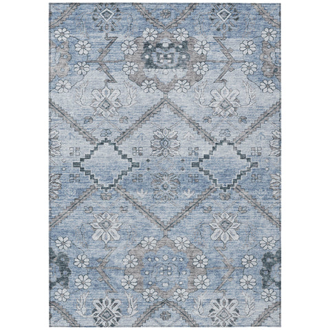 8' X 10' Sky Blue And Denim Blue Floral Washable Indoor Outdoor Area Rug