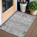 3' X 5' Gray Charcoal And Silver Floral Washable Indoor Outdoor Area Rug