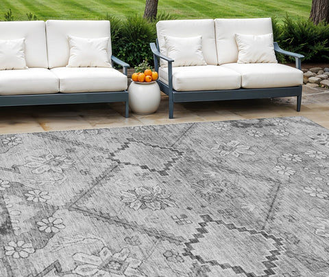 8' X 10' Gray Charcoal And Silver Floral Washable Indoor Outdoor Area Rug