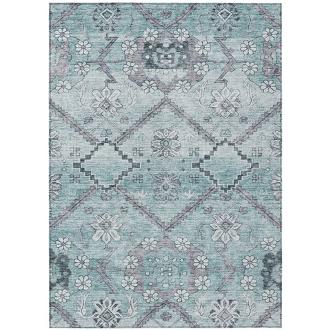 5' X 8' Teal Blue Aqua And Gray Floral Washable Indoor Outdoor Area Rug