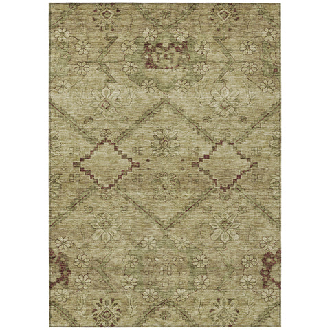 8' X 10' Brown Beige And Artichoke Green Floral Washable Indoor Outdoor Area Rug