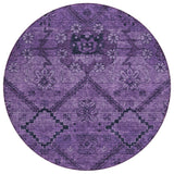 8' Eggplant Purple And Plum Round Floral Washable Indoor Outdoor Area Rug