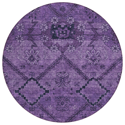 8' Eggplant Purple And Plum Round Floral Washable Indoor Outdoor Area Rug