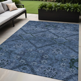 5' X 8' Navy Blue And Denim Blue Floral Washable Indoor Outdoor Area Rug