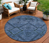 8' Navy Blue And Denim Blue Round Floral Washable Indoor Outdoor Area Rug