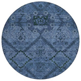 8' Navy Blue And Denim Blue Round Floral Washable Indoor Outdoor Area Rug