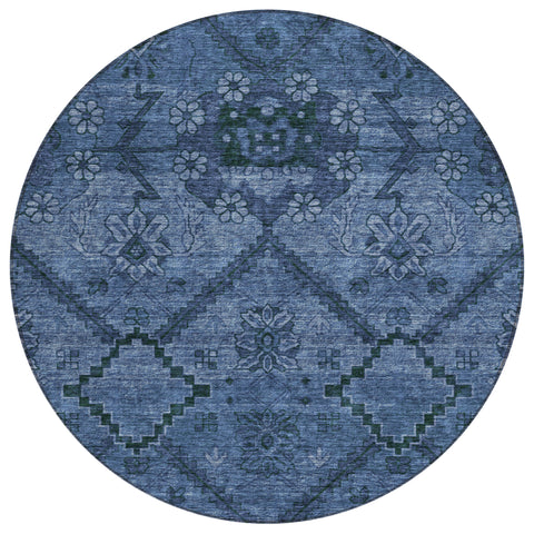 8' Navy Blue And Denim Blue Round Floral Washable Indoor Outdoor Area Rug