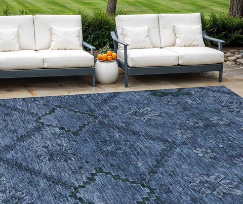8' X 10' Navy Blue And Denim Blue Floral Washable Indoor Outdoor Area Rug