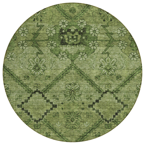 8' Olive Green Fern Green And Artichoke Green Round Floral Washable Indoor Outdoor Area Rug