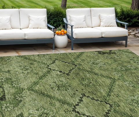 8' X 10' Olive Green Fern Green And Artichoke Green Floral Washable Indoor Outdoor Area Rug