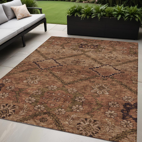 5' X 8' Orange Copper And Brown Floral Washable Indoor Outdoor Area Rug