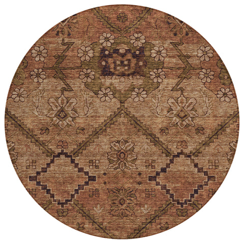 8' Orange Copper And Brown Round Floral Washable Indoor Outdoor Area Rug