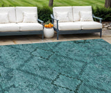 8' X 10' Teal Blue And Aqua Floral Washable Indoor Outdoor Area Rug