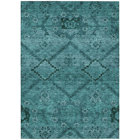 8' X 10' Teal Blue And Aqua Floral Washable Indoor Outdoor Area Rug