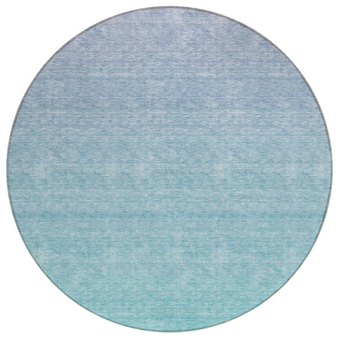 8' Sky Blue And Teal Blue Round Ombre Washable Indoor Outdoor Area Rug