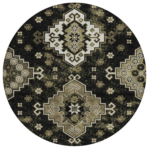 8' Black Ivory And Taupe Round Medallion Washable Indoor Outdoor Area Rug