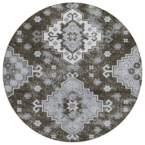 8' Brown And Gray Round Medallion Washable Indoor Outdoor Area Rug