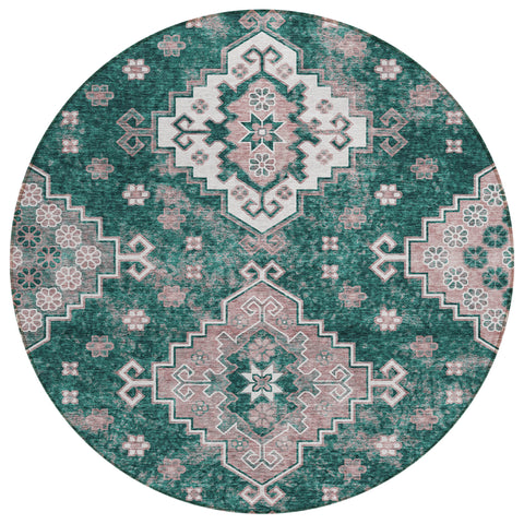 8' Emerald Brown And Ivory Round Medallion Washable Indoor Outdoor Area Rug
