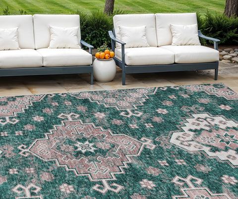 8' X 10' Emerald Brown And Ivory Medallion Washable Indoor Outdoor Area Rug