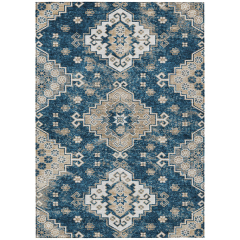 3' X 5' Navy Blue Beige And Ivory Medallion Washable Indoor Outdoor Area Rug