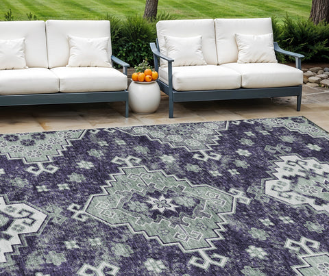 8' X 10' Purple Eggplant And Sage Medallion Washable Indoor Outdoor Area Rug