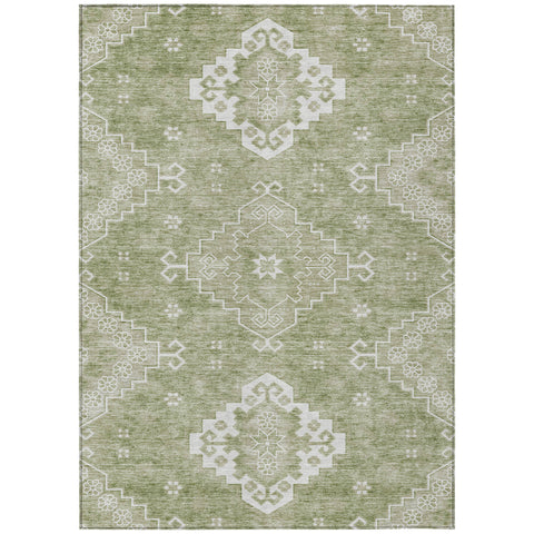 3' X 5' Artichoke Green Beige And Ivory Medallion Washable Indoor Outdoor Area Rug