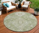 8' Artichoke Green Beige And Ivory Round Medallion Washable Indoor Outdoor Area Rug