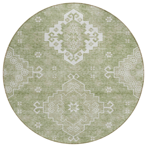 8' Artichoke Green Beige And Ivory Round Medallion Washable Indoor Outdoor Area Rug