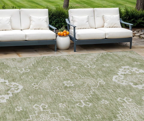 8' X 10' Artichoke Green Beige And Ivory Medallion Washable Indoor Outdoor Area Rug