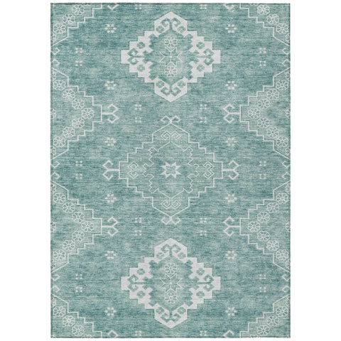 5' X 8' Aqua Teal Blue And Ivory Medallion Washable Indoor Outdoor Area Rug