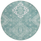 8' Aqua Teal Blue And Ivory Round Medallion Washable Indoor Outdoor Area Rug